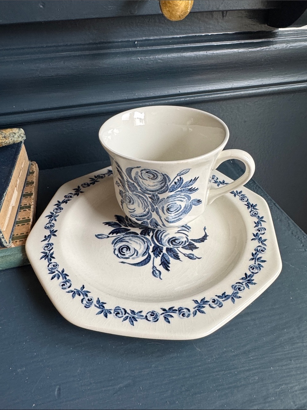 Blue and white Floral Ceramic Teacup and Saucer Set vintage ironstone